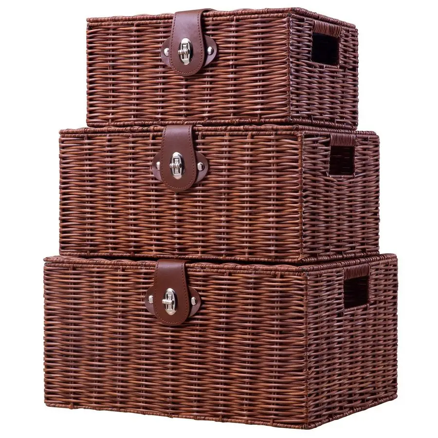 

of 3 Woven Wicker Storage Basket Box with Lid amp Lock, Builtin Carry Handles, Multifunctional Storage Organiser fo Customizable