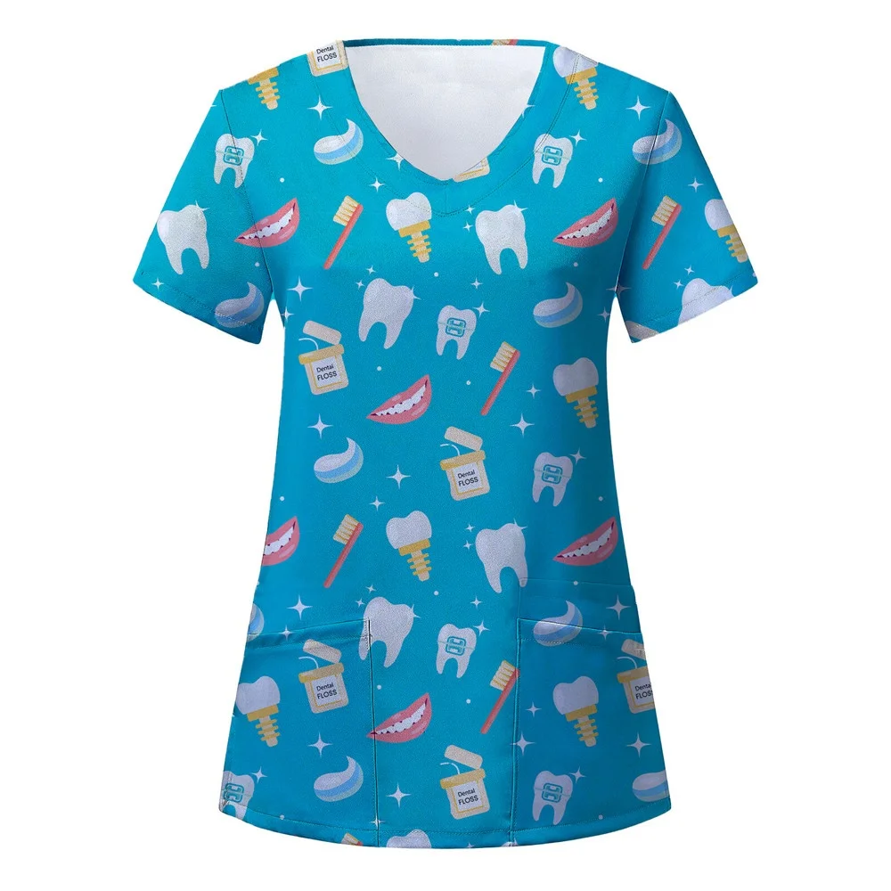 بلايز النساء فرك ممرضة طباعة قصيرة الأكمام الكرتون بلوزات على شكل حرف v العمل تي شيرت القلب طباعة الرعاية الصحية تونك الرعاية عمال القمم