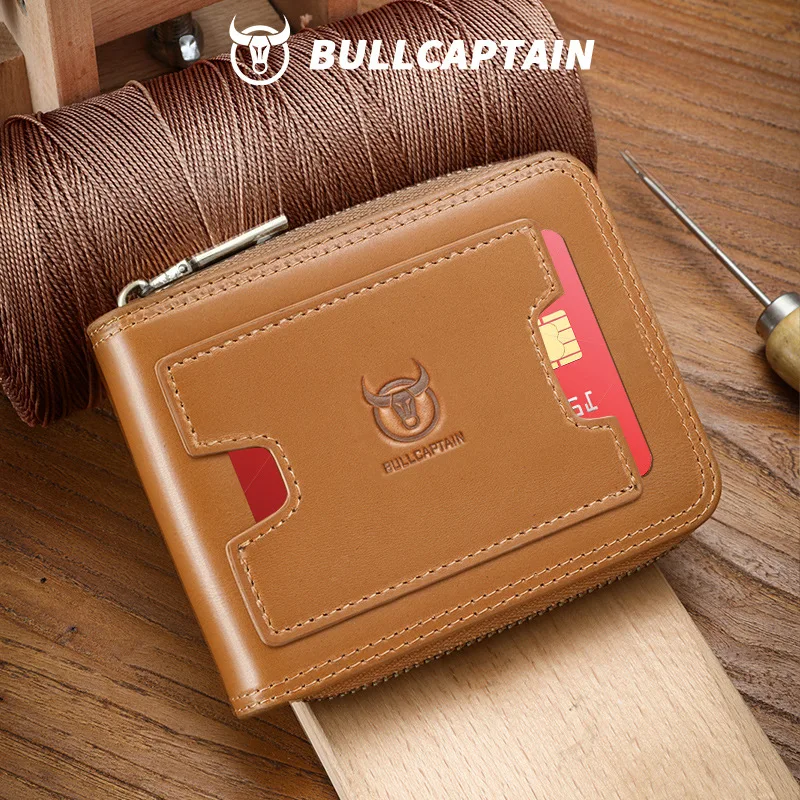 Retro Men's Genuine Leather Zipper Wallet Top Layer Cow Pickup Bag Money Clip RFID Multifunctional