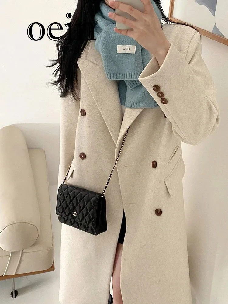 

[oein] Chic Korean Version Autumn Winter Light Luxury Fashion Atmospheric Suit Collar Double Breasted Mid Length Over Knee Suit