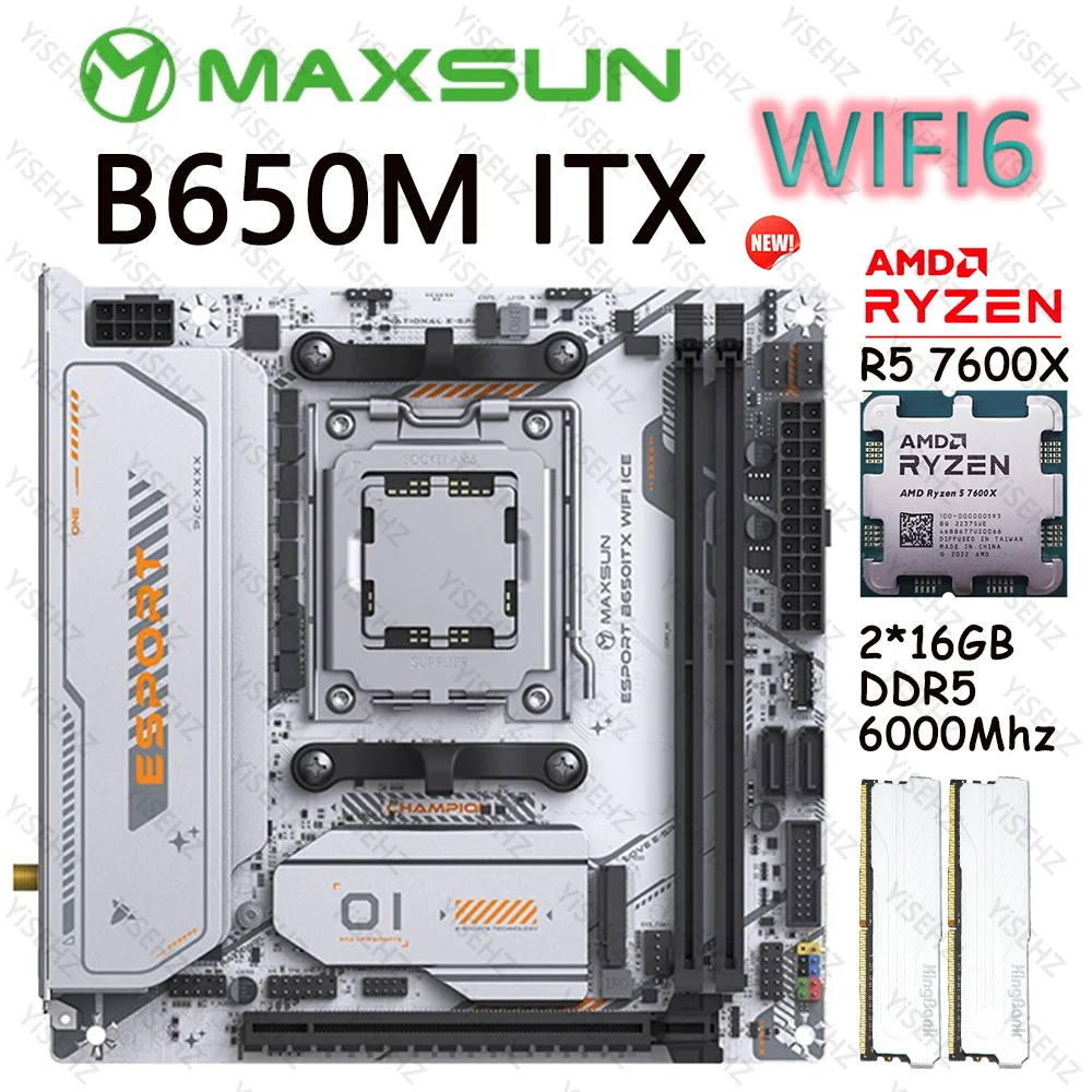 Maxsun B650M ITX Motherboard Set AMD Ryzen AM5 R5 7600X 2*16GB 6000Mhz DDR5 Board Support 1*Pcie5.0x16 M.2 ARGB WIFI 6 Onboard