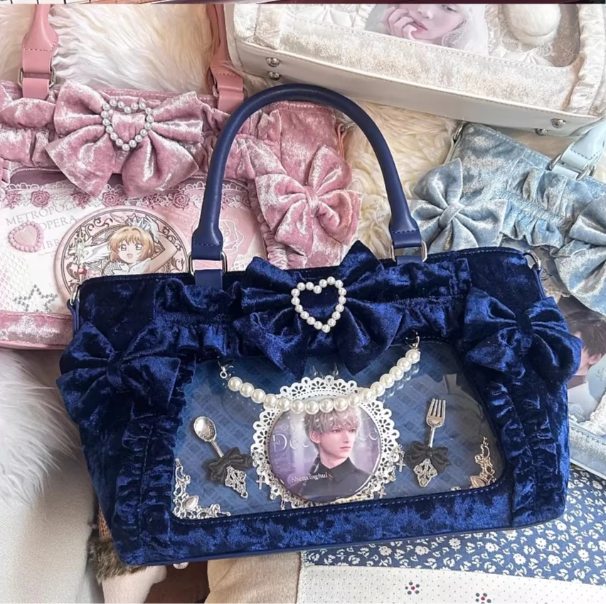 Japanese Original Princess Pain Velvet Lolita Bow Ruffled Pearl Tote Bag Gorgeous Small Large Capacity Exquisite Lta Bag Women