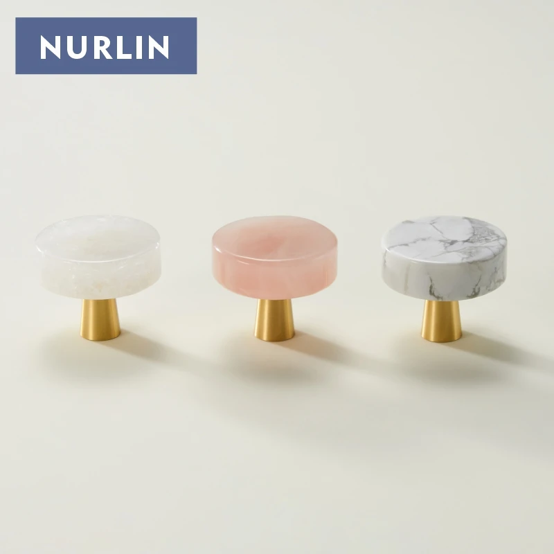 Nurlin Brass Marble Crystal Jade Cabinets Wardrobe Door Drawers White Pink Natural Stone Knobs