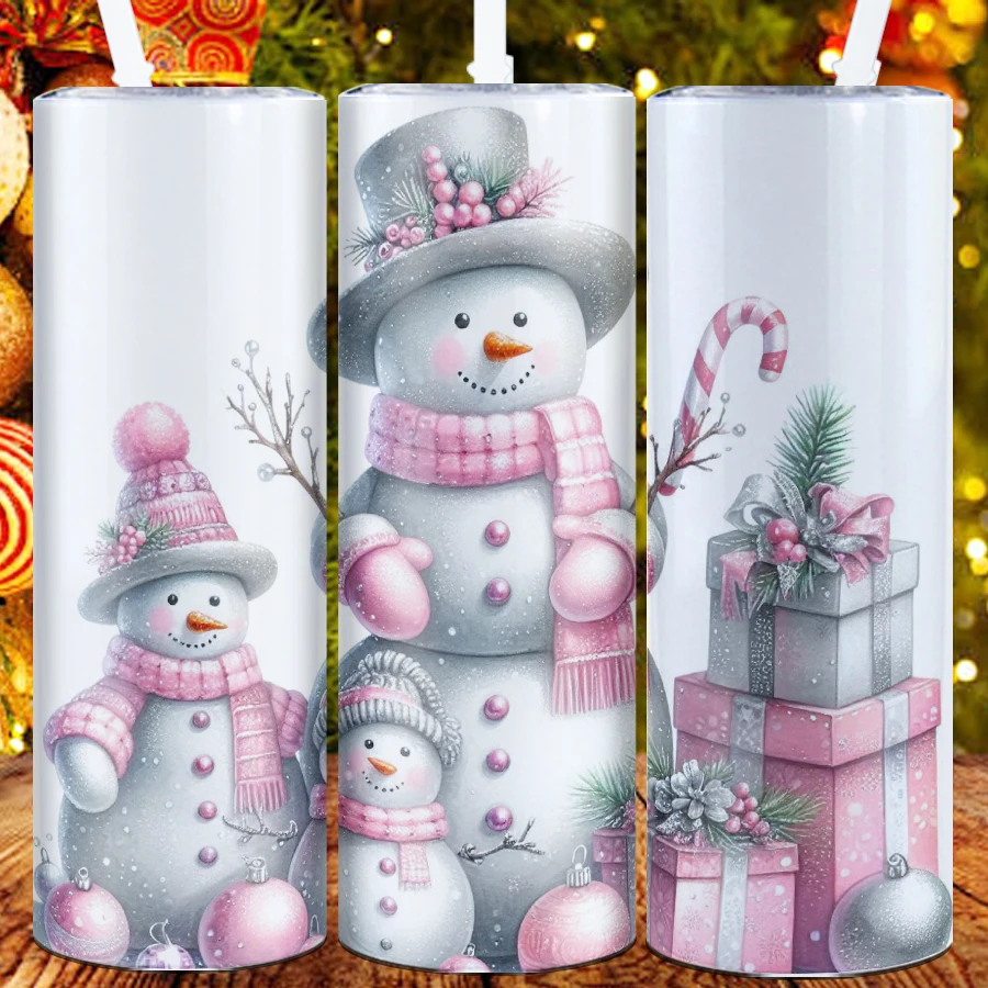 20oz 1Pc Xmas Party Mugs Straw Lid Stainless Steel Insulated Cups  3D Print Snowman Outdoor Travel Mugs Christmas Festive Gifts