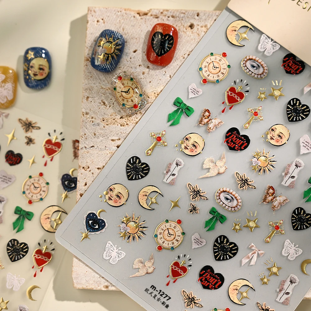 European Face Nail Stickers Sun Clock Design Moon & Heart Bee Nail Art Sticker Decals for Manicure DIY Nail Slider Home Salon