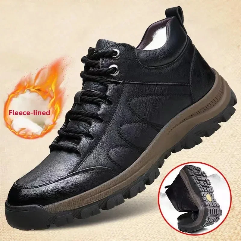 

New Men's Hiking Walking Shoes Winter Fleece Lined Outdoor Sports Casual Leather Boots Simple Travel Leisure Outdoor Black