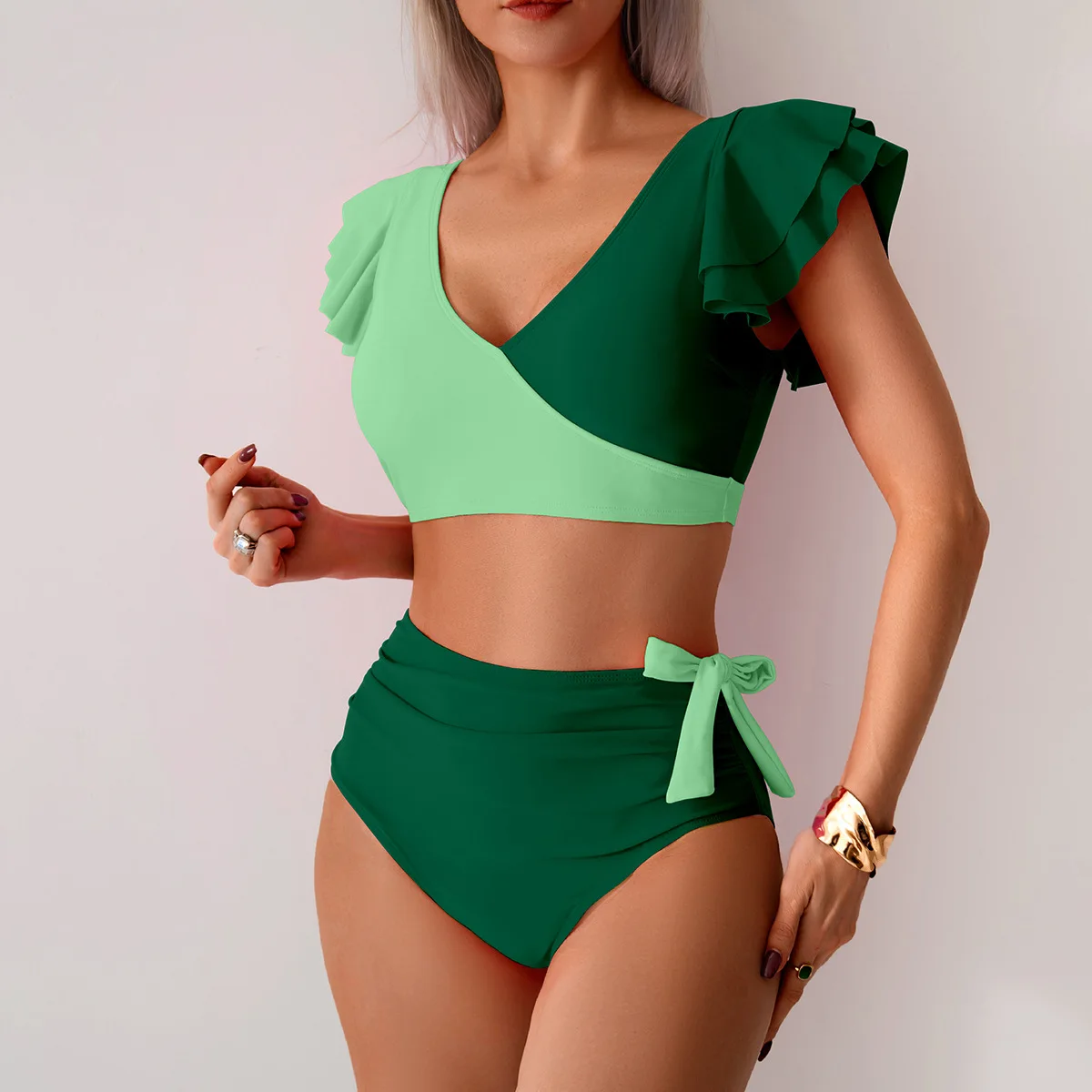 Women's Swimsuit 2025 Ruffled Contrasting Color Stitching Split Two-piece Swimsuit Fashion High-waist Slim Triangle Bikini Sets