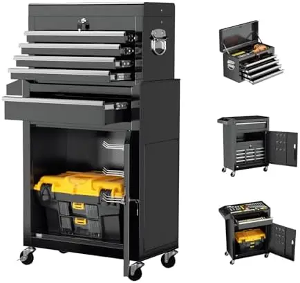 5-Drawer Rolling Tool Chest with Wheels, Lockable 2 in 1 Detachable Tool Cabinet wit Drawers and Black Liners, Garage