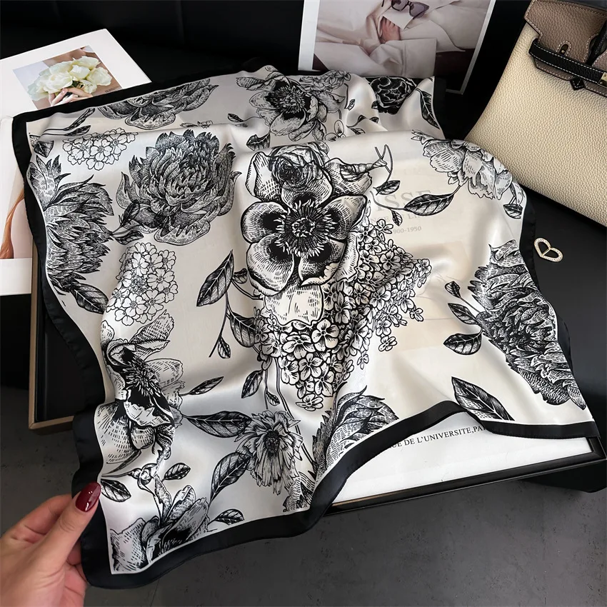 Black White Scarf 70X70cm Square Scarf Silk Scarf Classic Vintage Print Scarf Kerchief Popular Silk Scarves Bandanna Suit Scarf