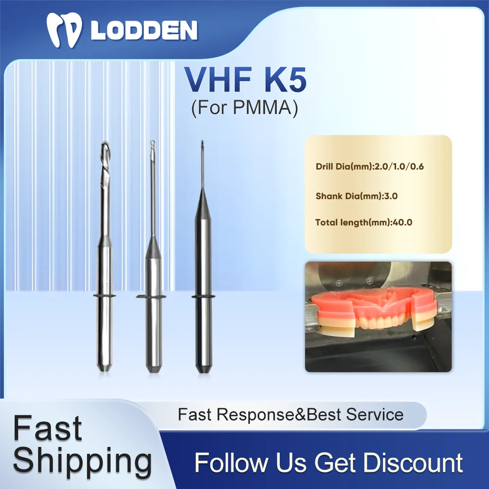 

VHF K5 Dental Milling Burs Grinding PMMA NC Singel Cut D3 Drill Dia. 0.6/1.0/2.0mm Total 40mm Dental Lab Griding Tools