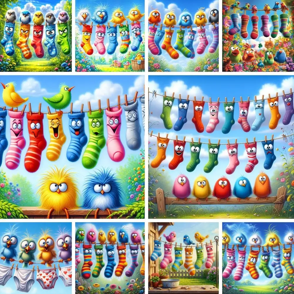 Kits de Mosaico de Punto de Cruz con Pintura de Diamantes DIY, Pájaros de Dibujos Animados Divertidos y Paisaje de Calcetines Coloridos, Decoración para el Hogar, Perforación Cuadrada y Redonda Completa