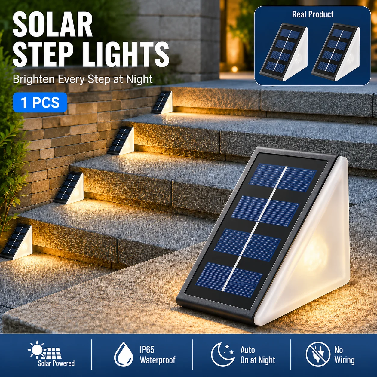 Solar Triangle Stair Light for Steps Stair, 1 Pack LED Lights Solar Path Lights, Waterproof Outdoor Powered Lighting for Yard Fe