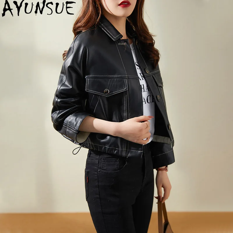 AYUNSUE Real Leather Jackets for Woman Solid Short Motorcycle Style Jacket Woman Sheepskin Coats Woman Clothes Spring Autumn