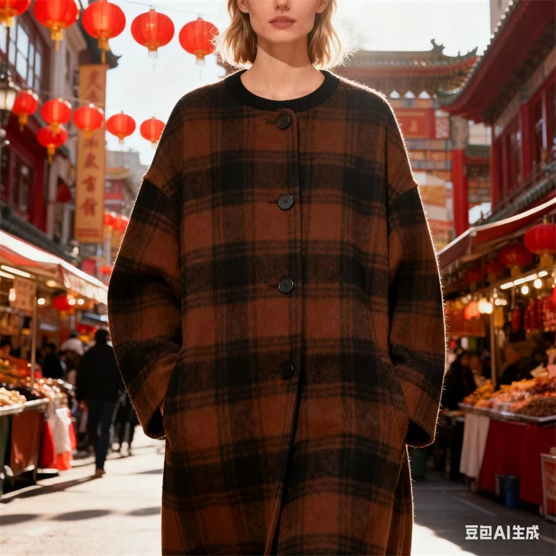 レディース ブラウン＆ネイビー チェック柄 ウール混紡コート - 冬用ラウンドネックシングルボタンオーバーサイズジャケット
