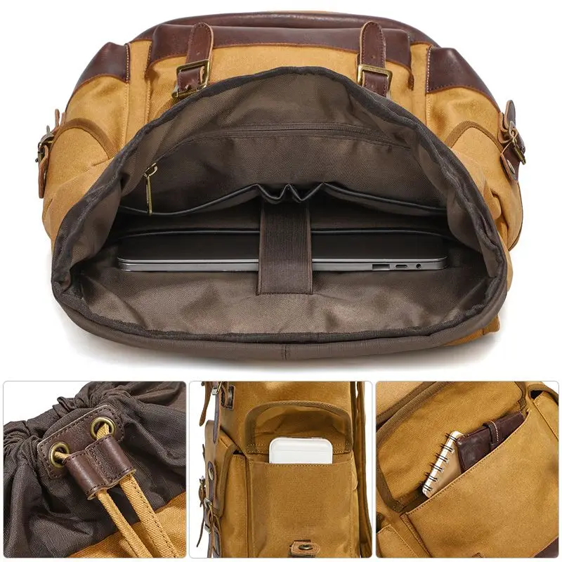 Casual Canvas Backpack Men's Backpack Vintage Top Layer Cowhide Outdoor Travel Waterproof Backpack