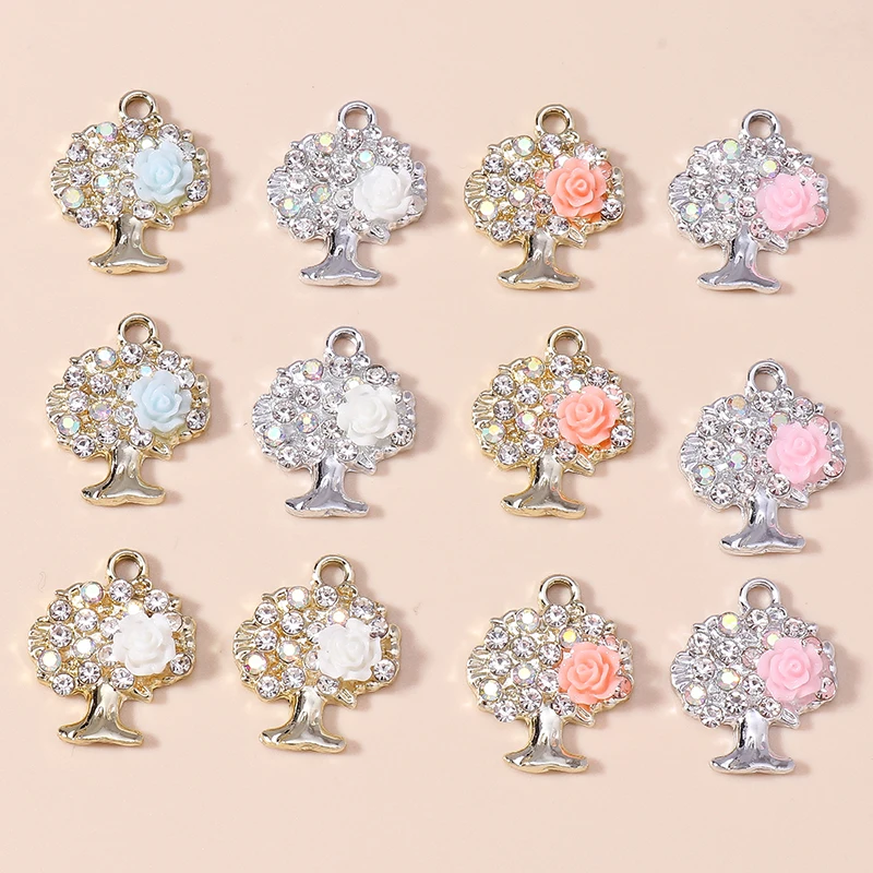 Leslie 10 Stück Exquisite Zirkon Glänzende Kristall-Rosen-Lebensbaum-Anhänger für Halsketten DIY Hochzeitsschmuck Zubehör – Detail 2