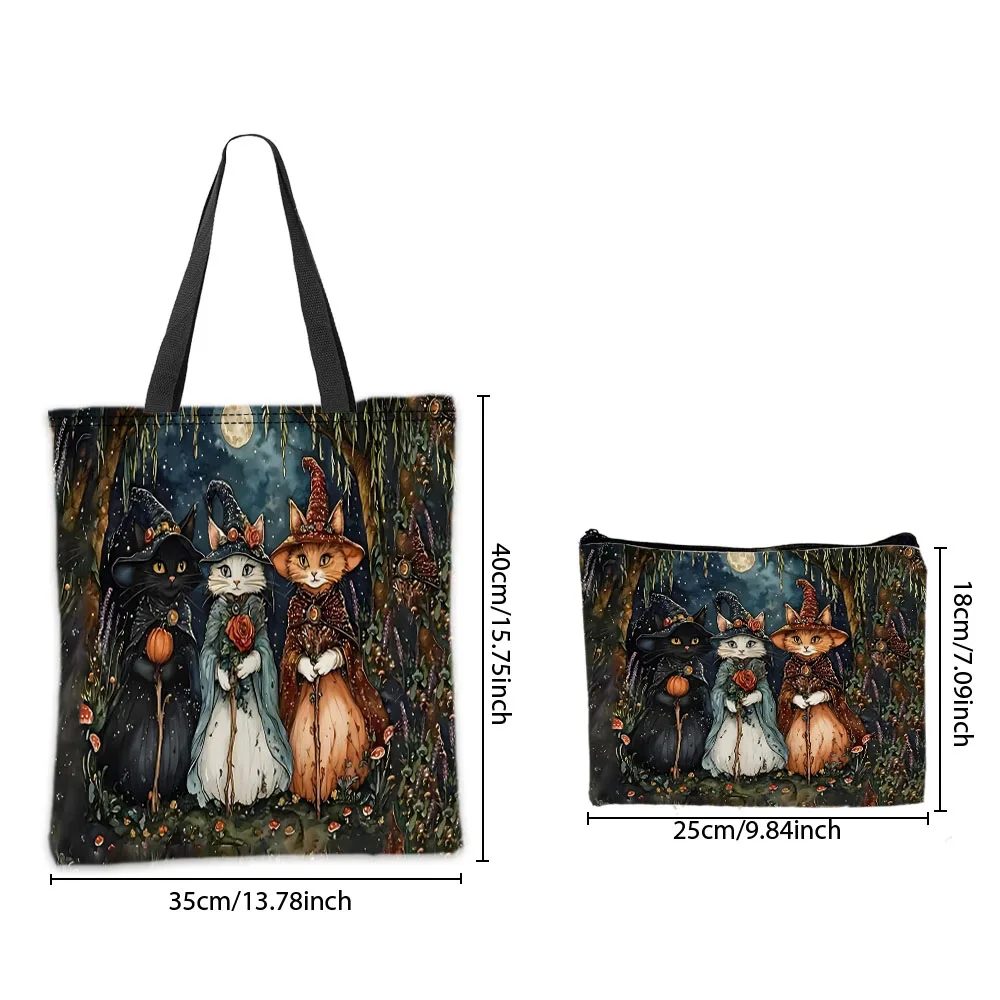 Retro Night Cat Wizard Theme Handbag Cosmetic Pouch Combination Bags Fantasy Forest Daily Use Shoulder Bag Travel Work Bags