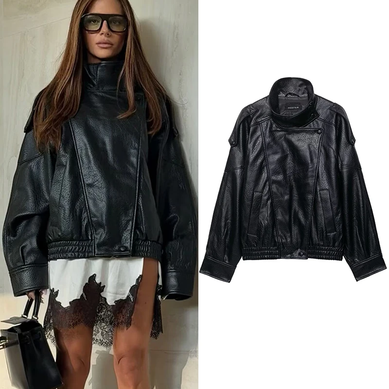 Giacca da donna in ecopelle 2025 Giacca da donna con personalità stile motociclista a maniche lunghe nera di nuova moda autunnale