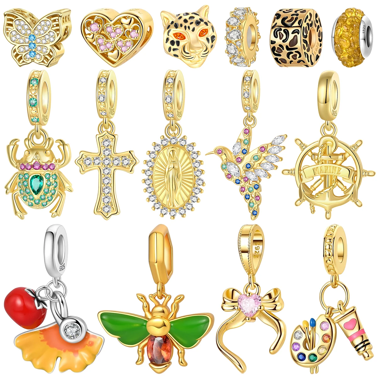 

Бусины из серебра 925 пробы с позолотой и эмалью: Леопард, Бабочка, Скарабей, Жук. Роскошные текстурированные бусины для браслетов DIY. Креативные элементы.