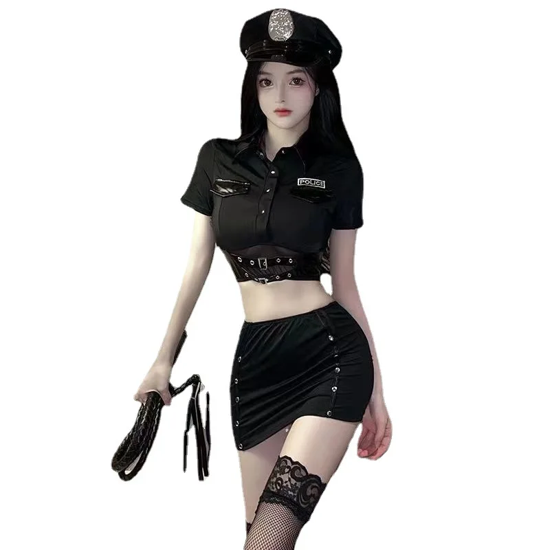

Adult Policewoman Nurse Themed Lingerie Set – Sheer Mesh Patchwork Bodysuit with Garter Straps and Headpiece