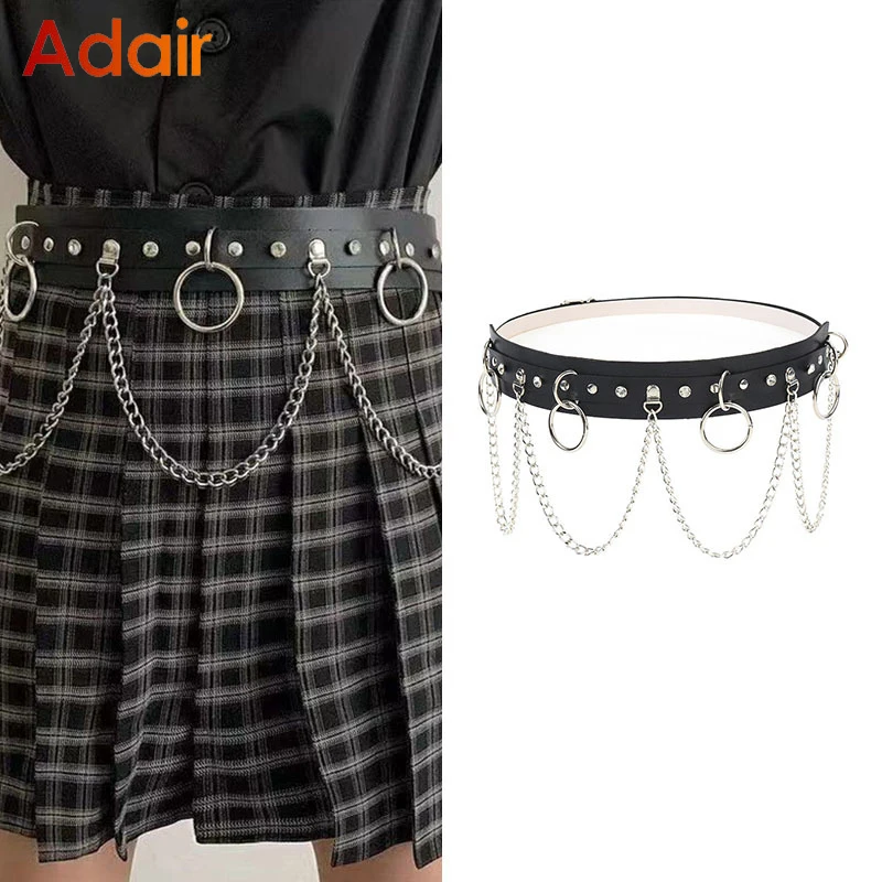 Gothic Moon Pendant Chain Fringe Belt Punk Style Black PU Leather Vintage Waistband for Women Girls LYF001