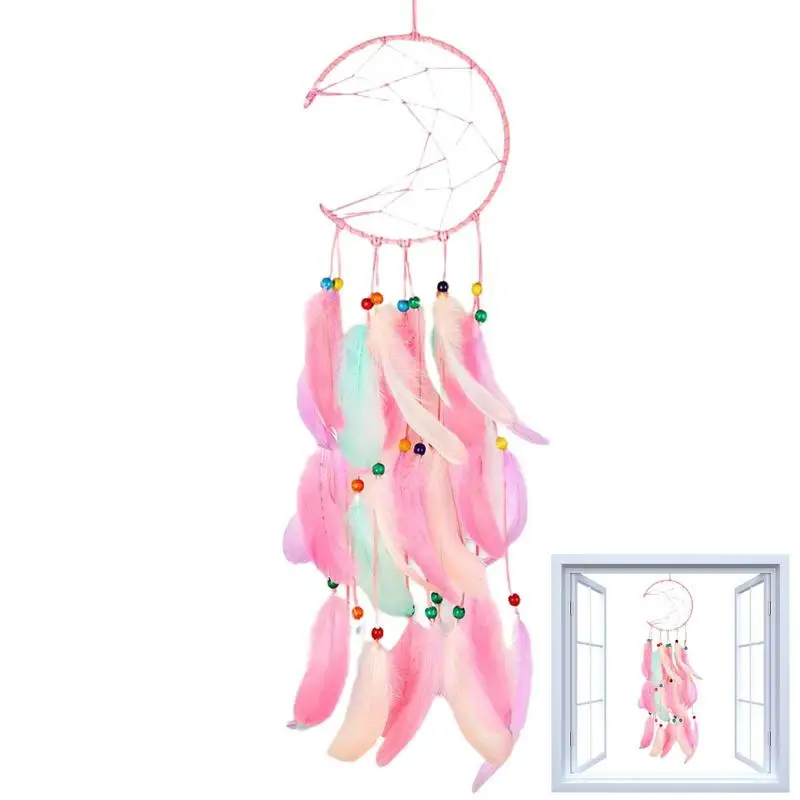 Pink Dream Catcher Handmade Semicircular Moon Wooden Beads Wall Hanging Dreamcatcher Ornaments For Girls Bedroom Decoration