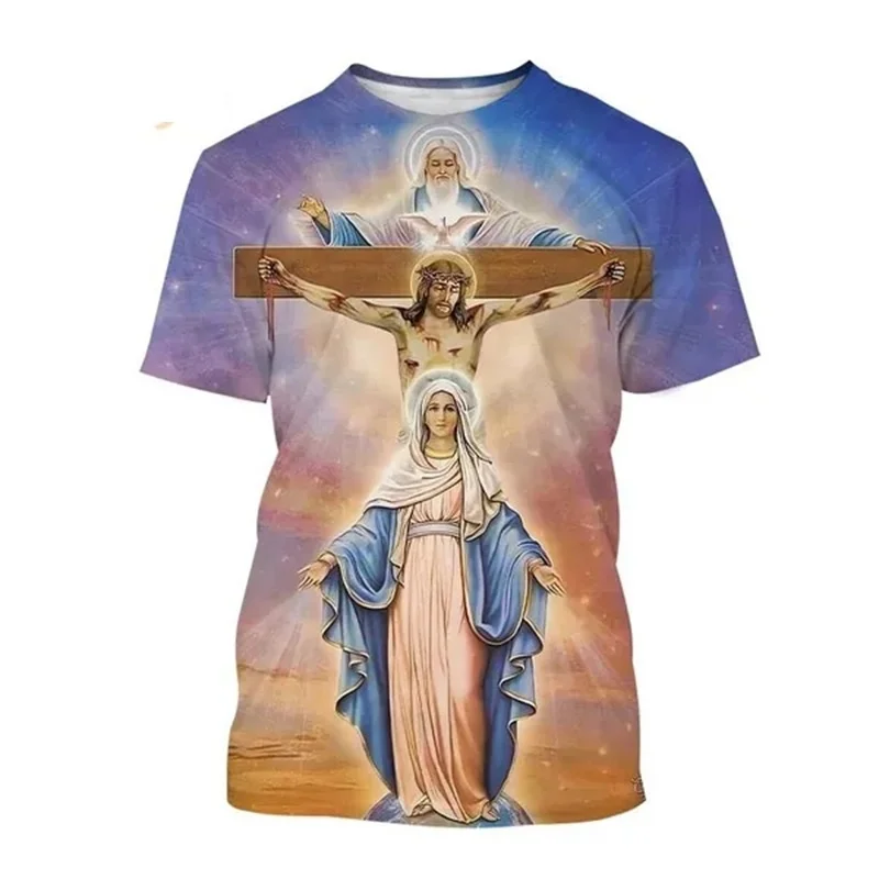 كريستيان أم الله مريم العذراء يسوع يحب عارضة المحملة قمم قصيرة الأكمام المتضخم الرجال الكبار والأطفال الملابس التي شيرت #2