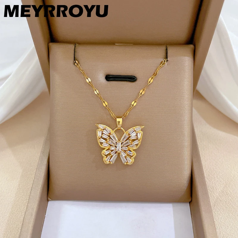 MEYRROYU 316L Stainless Steel Necklace Golden Butterfly Zircon Shiny Pendant Clavicle Accessories For Women Gifts Jewelry Bijoux