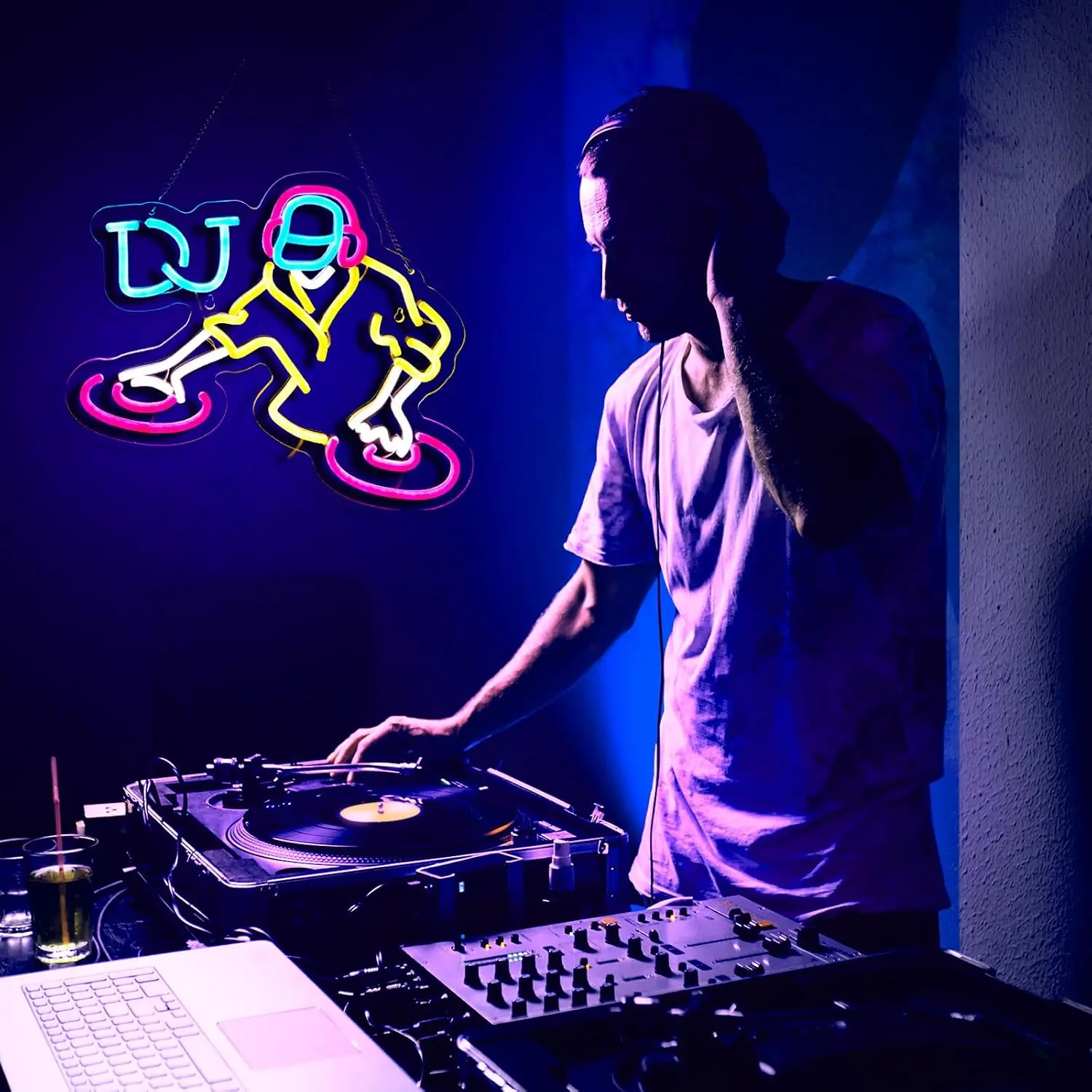 DJ Neon Sign Disc Jockey Turntable Headphones Music LED Neon Light for Music Studio Game Room Bar Club Bedroom Party Decor Gifts