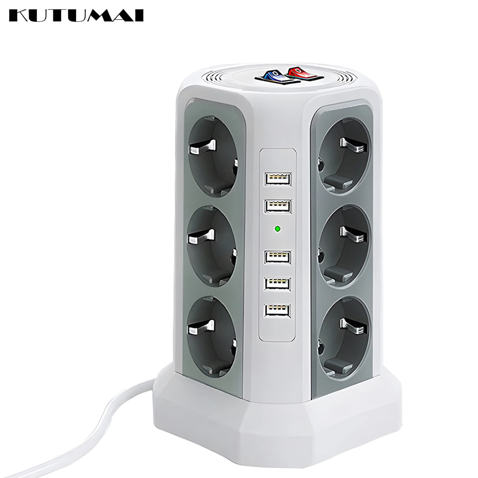 EU Plug Power Strip Tower with 12 Outlets Electrical Socket 5 USB Ports and 5.9FT Extension Cable Fast Charging vertical Socket