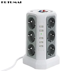 EU Plug Power Strip Tower with 12 Outlets Electrical Socket 5 USB Ports and 5.9FT Extension Cable Fast Charging vertical Socket