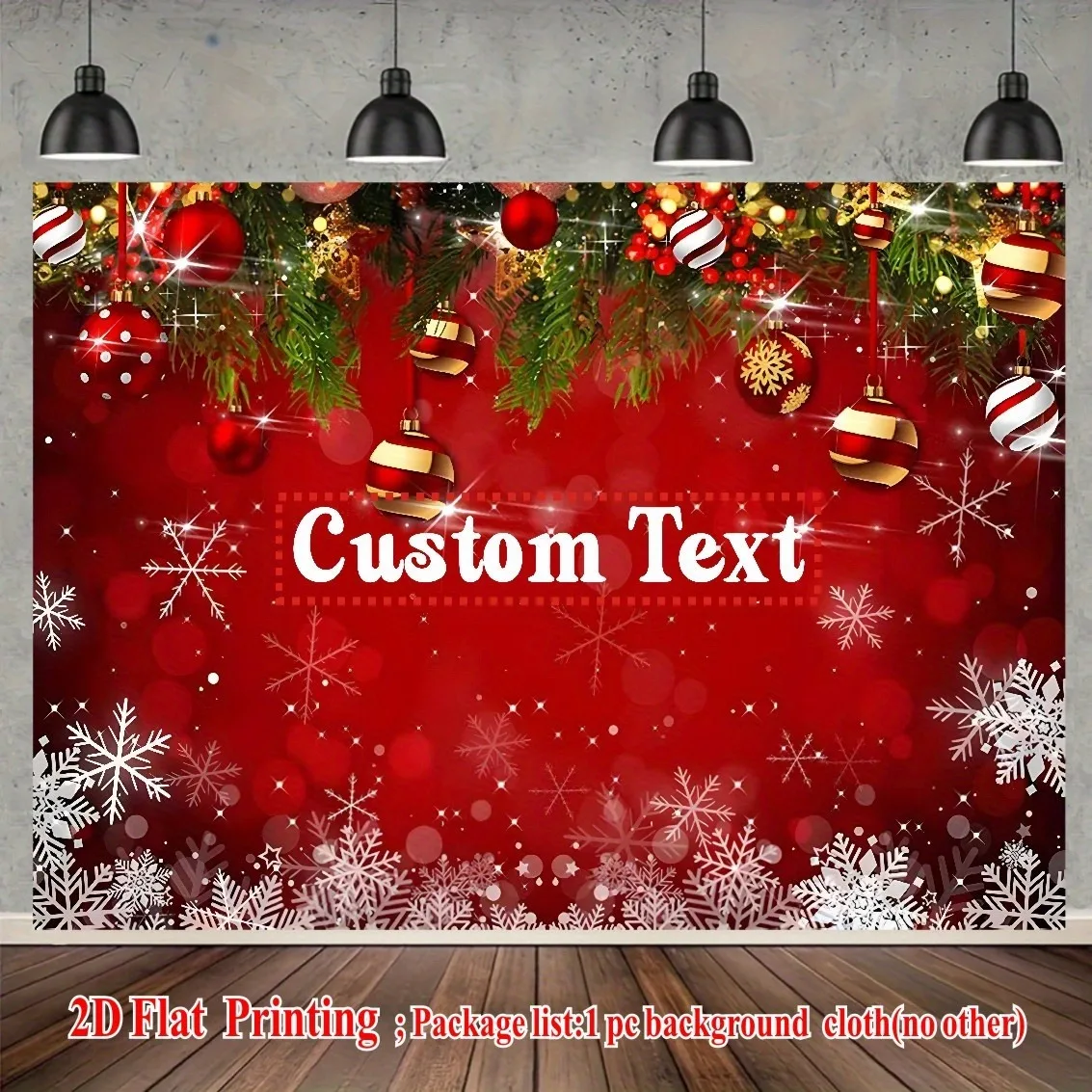 Christmas Backdrop Custom Text Christmas Party Banner Holiday Decor with Red Background Snowflakes Glossy Balls Wall Tapestry
