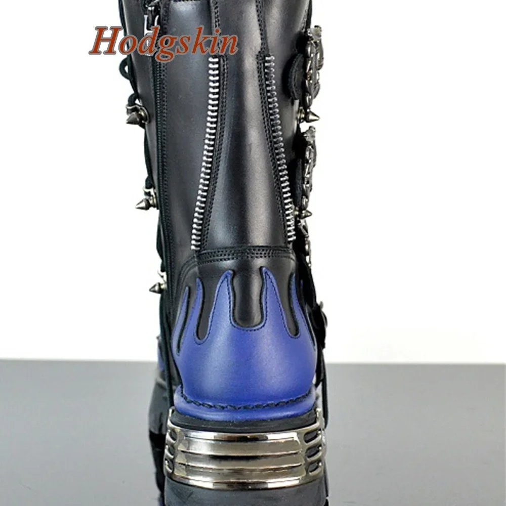Metal Decoration Belt Buckle Boots Mid Calf Patchwork Chunky Heel Elastic Band Round Toe Boots Fashion Casual 2025 Newest Boots