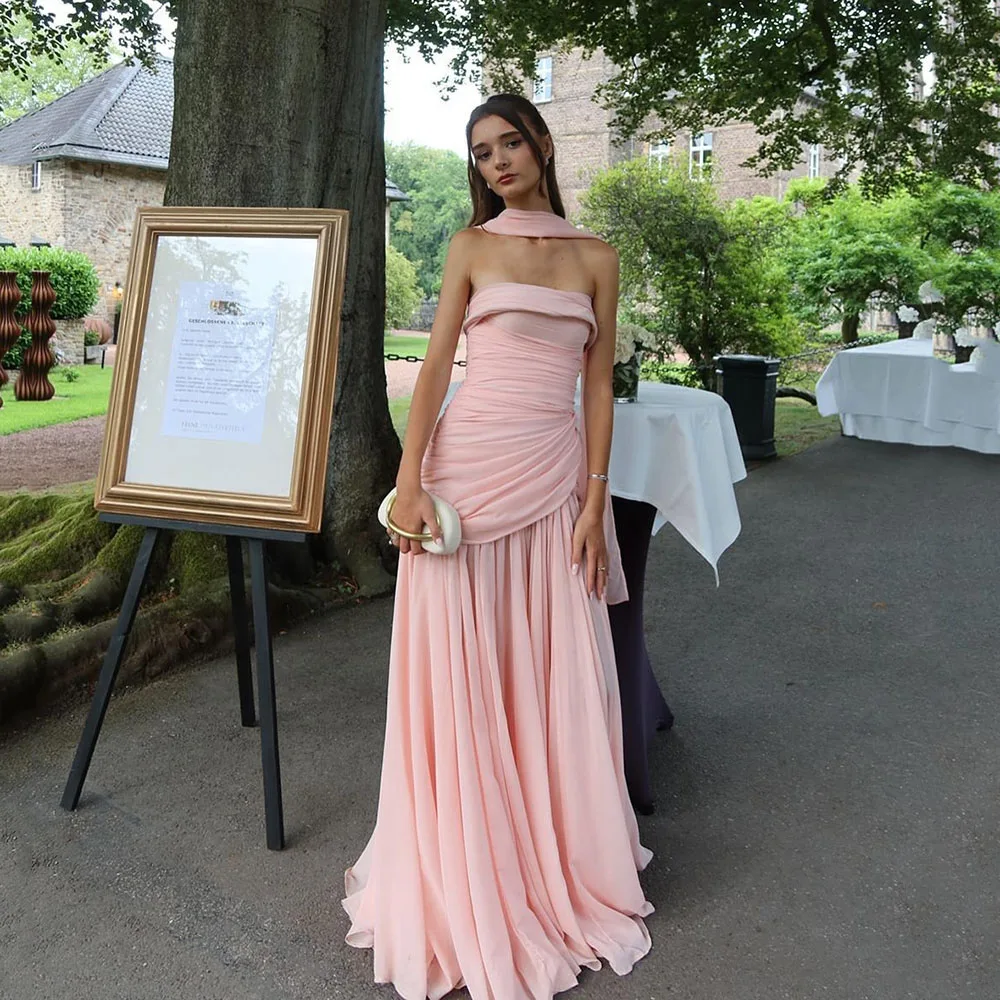 

Msikoods Pink Evening Dresses Customized Strapless Pleated High Slit Gala Dress Birthday Party Dress Scarf Neck Prom Dress