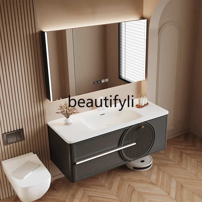 Rock slab seamless integrated washbasin rubber wood paint modern light luxury bathroom cabinet combination