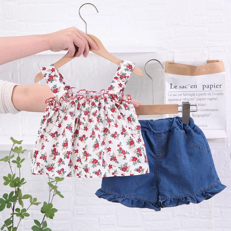 Summer Baby Girl Clothes Sets Floral T-shirt +Denim Short 2Pcs Children\'s Suit Fashion Outfits Soft Clothing