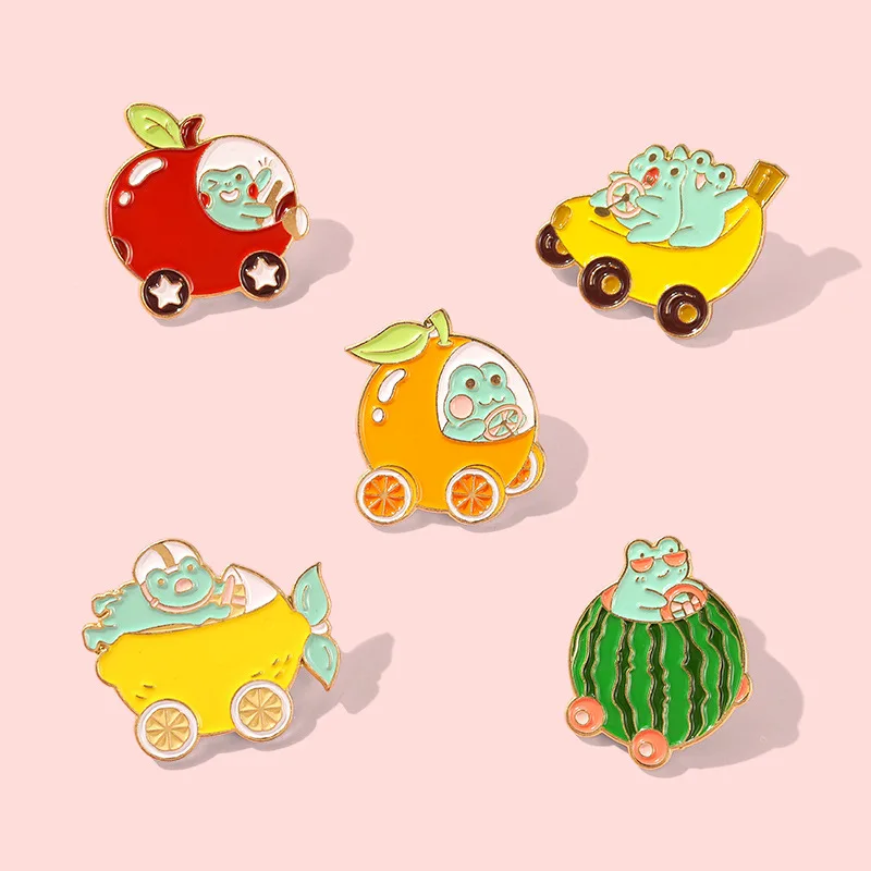 Pin Club | Cartoon  Frog Stroller Enamel Brooches Cute Animal  Fruit Series Apple Orange Watermelon Lapel Badges Jewelry Gifts