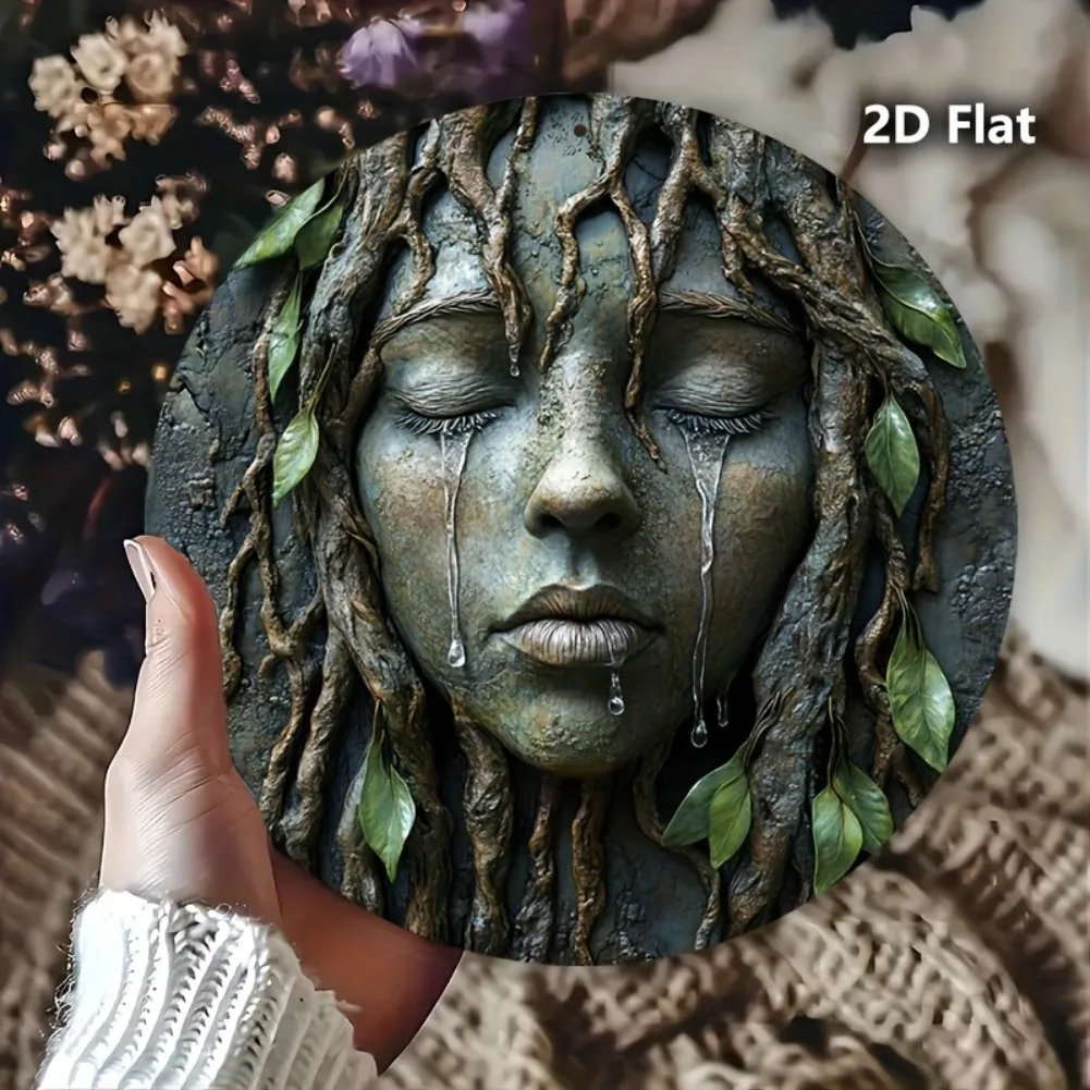 1 Stück Vintage-Wandkunst aus Aluminium – Retro-Design mit Baum- und Frauengesicht, 20,3 x 20,3 cm großes rundes Metallschild mit tropfendem Wassereffekt