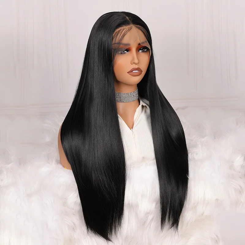 

26“ Long Black Silky Straight 180Density Lace Front Wig For Women BabyHair Glueless Synthetic Preplucked Daily