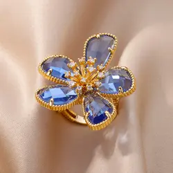 Blue Zircon Flower Rings for Women Adjustable Luxury Stainless Steel Ring 2023 Trend Wedding Jewelry Free Shipping item anillos