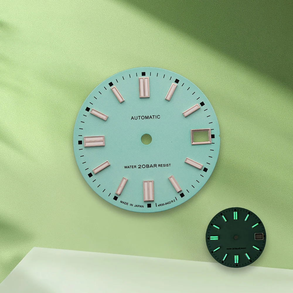 28,5 mm S-Logo, mattes Zifferblatt, keine Zeiger, passend für NH35/NH36/4R/7S, japanisches Uhrwerk, grün leuchtendes, seeblaues Uhrenmodifikationszubehör