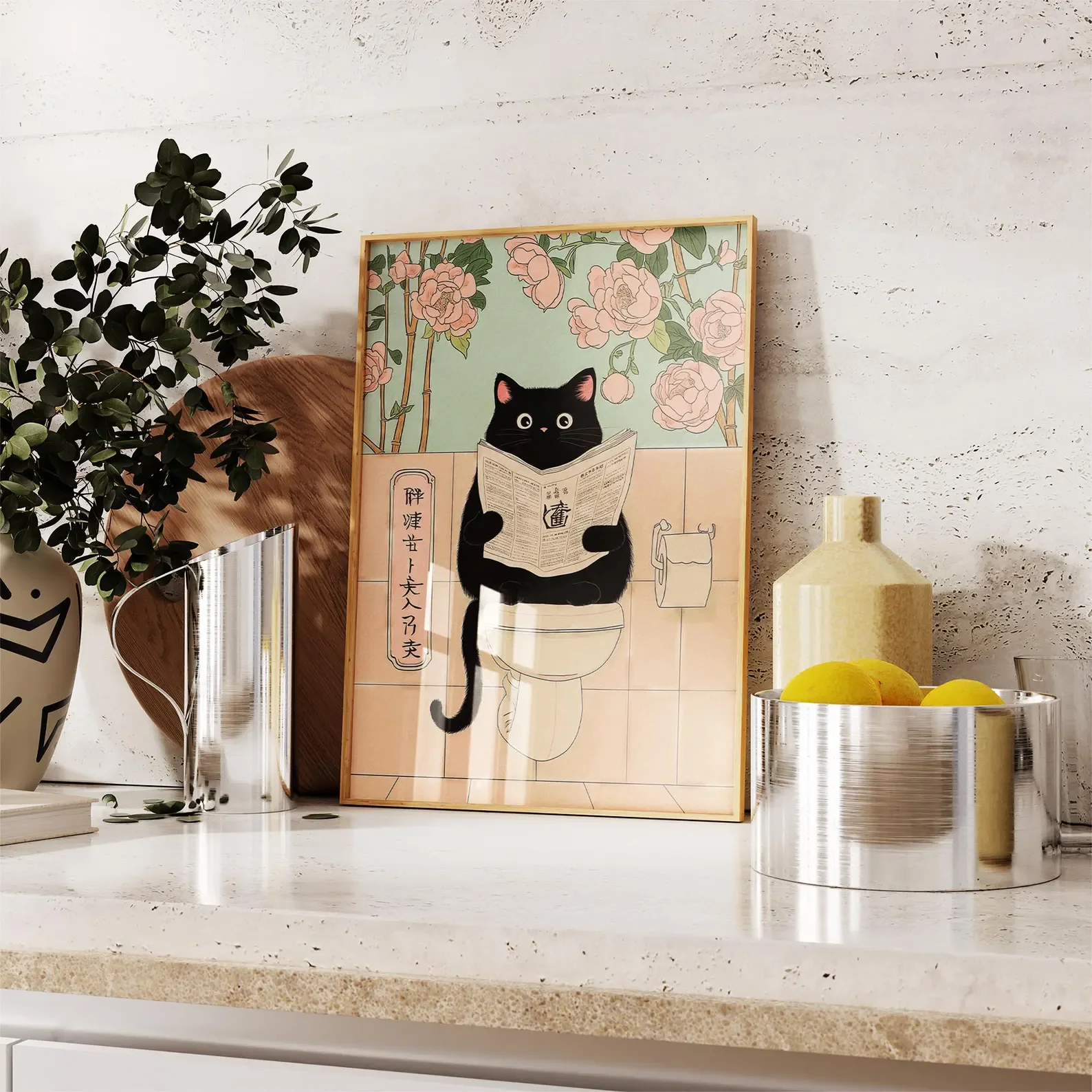 Kucing Hitam Jepang Di Toilet, Cetakan Kamar Mandi Lucu, Poster Toilet, Seni Dinding Buang Air Besar Kucing Jepang, Cetakan Netral, Kekasih Kucing Unik