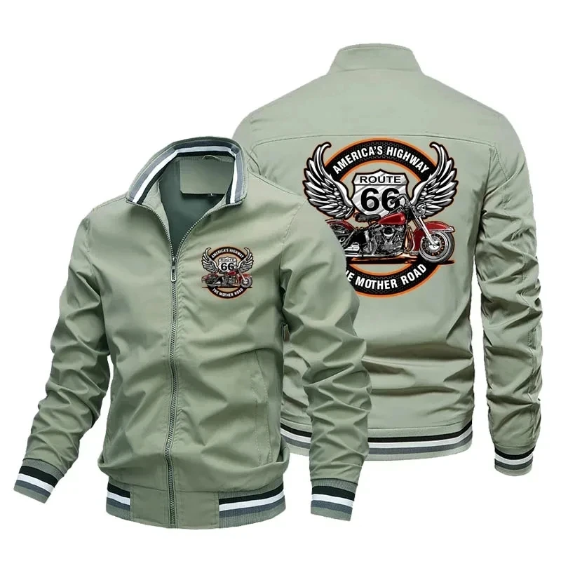 Men's retro fashion Route 66 motorcycle printed pilot jacket, loose street fashion, riding windproof racing motorcycle jacket