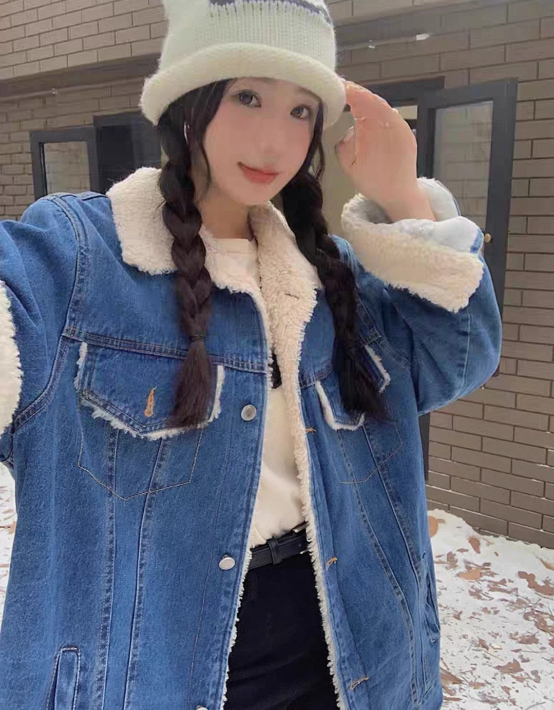 

Denim Coat With Fur And Hood Plush Womens Autumn Drawstring Patchwork Plaids Nomadic Style Leisure Outing Fleece-Lined Velvet OL