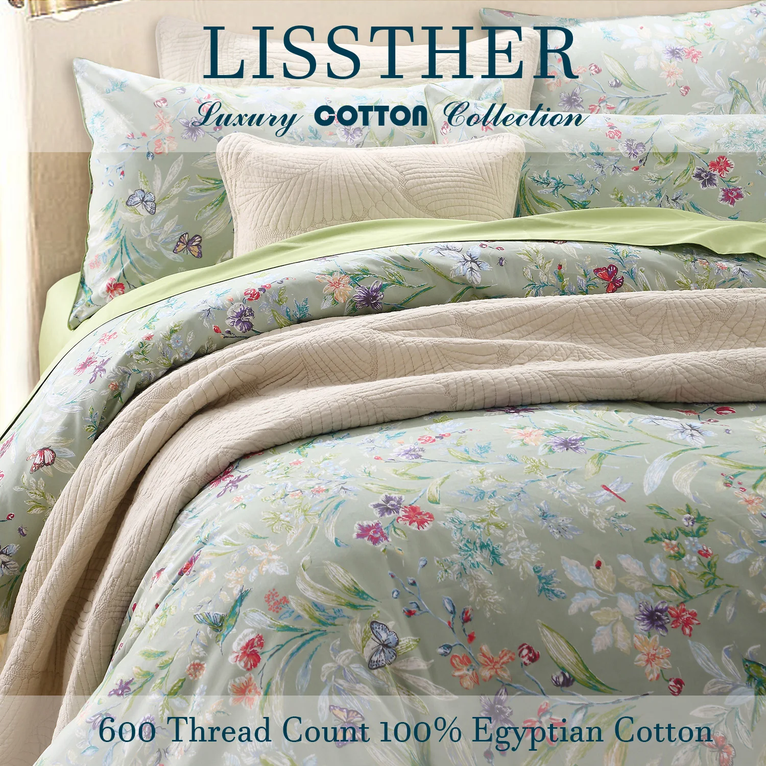 3pcs 600 TC 100% Egyptian Cotton Duvet Cover Set (Without Core),  Vintage Butterfly In Botanical Floral, Soft & Skin-friendly