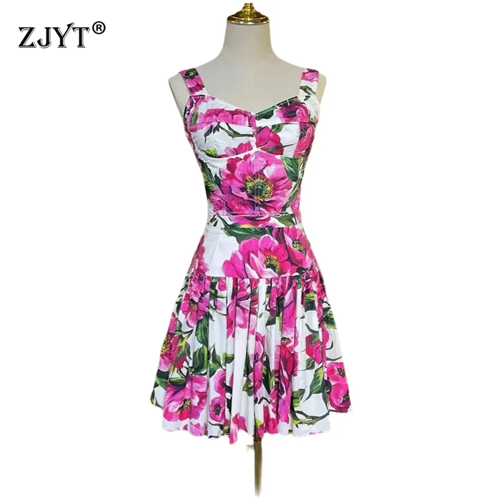 

ZJYT Women Summer 100% Cotton Floral Print Sleeveless Crop Top And Skirt Set Beach Vacation Outfit Mini Dress Two-Piece Ensemble