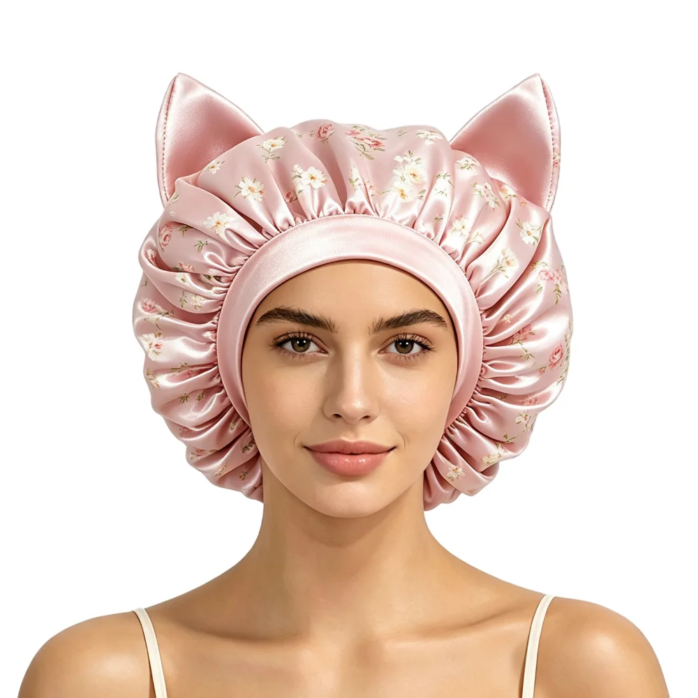 New Silky Smooth Satin Hair Bonnet Breathable Elastic Band Cat Ear Sleep Cap Stretchy Anti Frizz Hair Protection Hat Hair Care