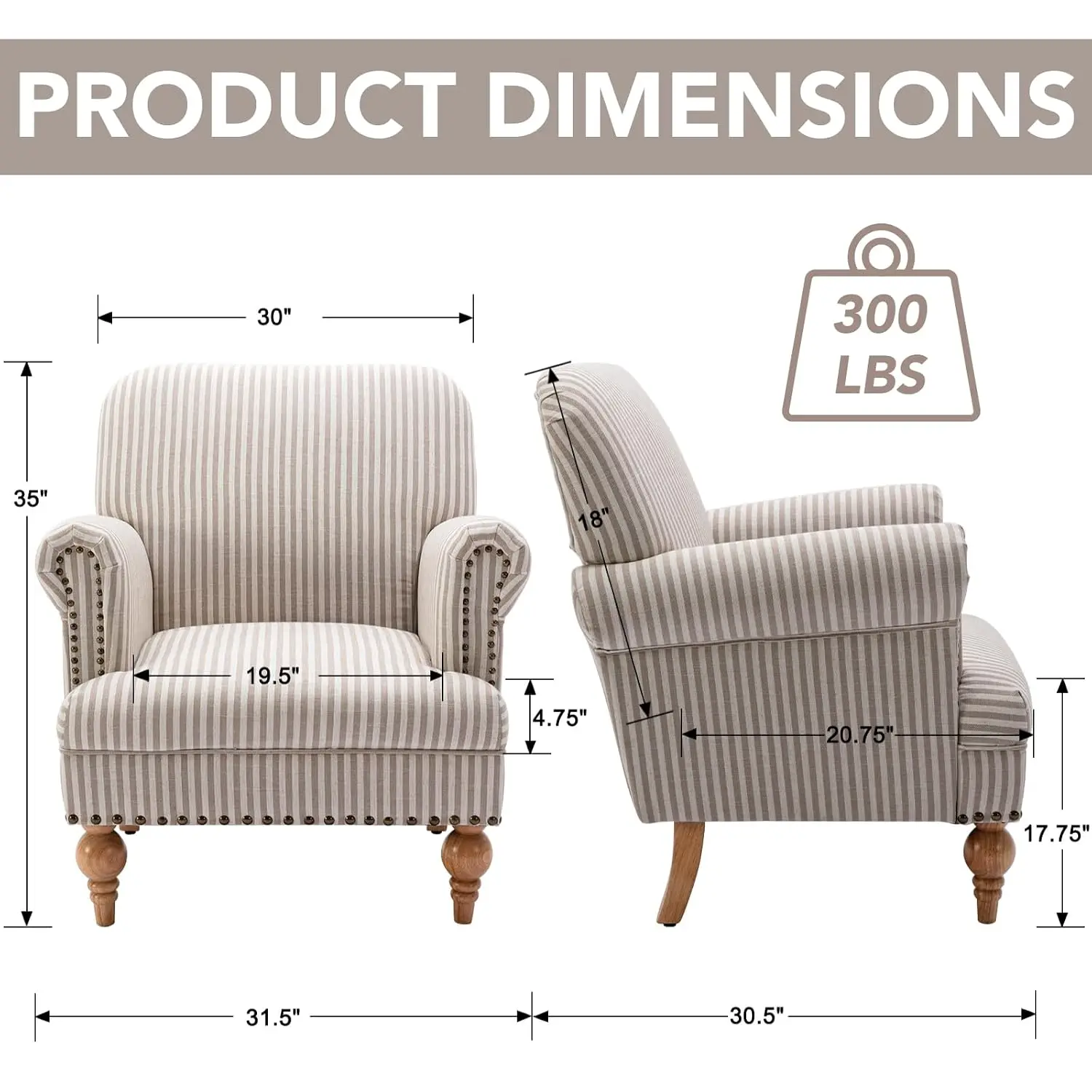 Khaki Striped Linen Fabric Accent Chairs Set of 2, Modern Farmhouse Upholstered Armchairs with Nailhead Trim & Ball, Customized