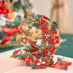 1pc Merry Christmas Pop-Up Card, Christmas Tree Woodland Reindeer Poinsettia Greeting Card with Note Card and Envelop