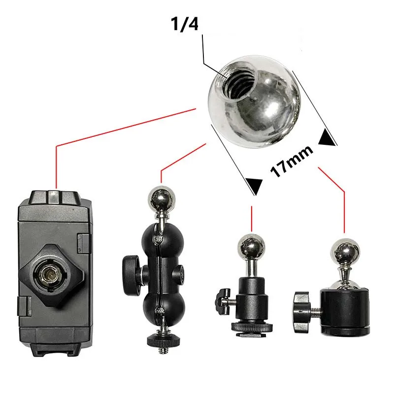 17mm Ball Head To 1/4 Screw Port Adapter 17.4mm Flat Clamp Metal Steel Ball Head Support  Phone Bracket Clip Gimbals  Accesorios